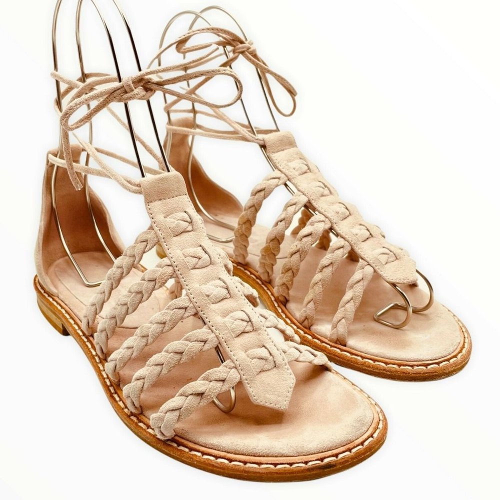 Right Bank Shoe Babe Sandals Pink Size 7.5 Women Suede Gladiator Flats Open Toe